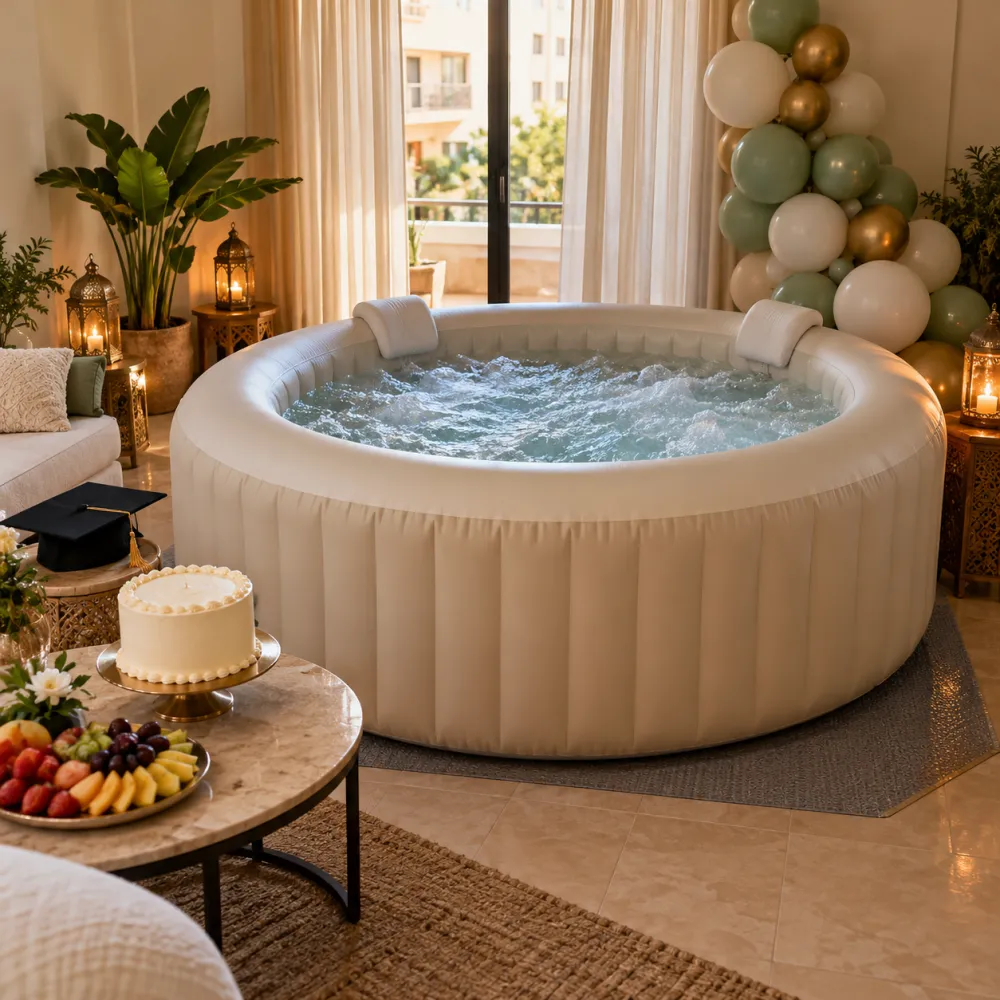 Jacuzzi gonflable décoré à domicile pour diplôme ou réussite professionnelle, pack Bravo à Toi IMJ Events