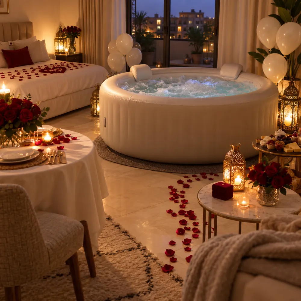 Jacuzzi gonflable décoré à domicile pour demande en mariage, pack Dis-moi Oui IMJ Events