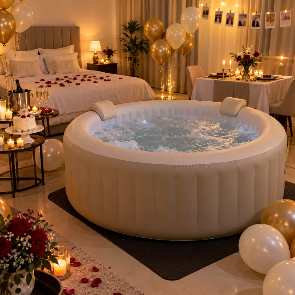 Jacuzzi gonflable décoré à domicile pour anniversaire de mariage, pack Encore Nous IMJ Events
