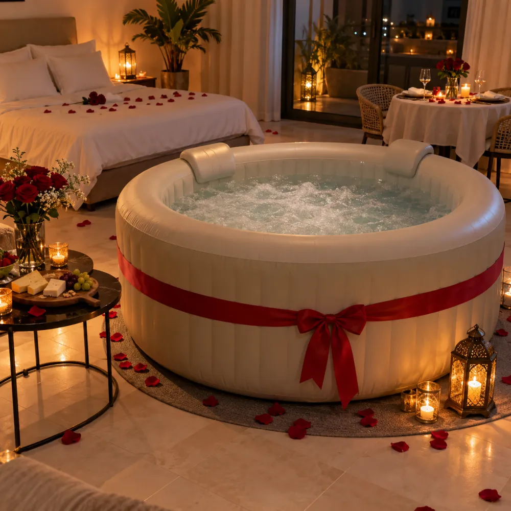 Jacuzzi gonflable décoré à domicile pour surprise romantique, pack Évasion à Deux IMJ Events