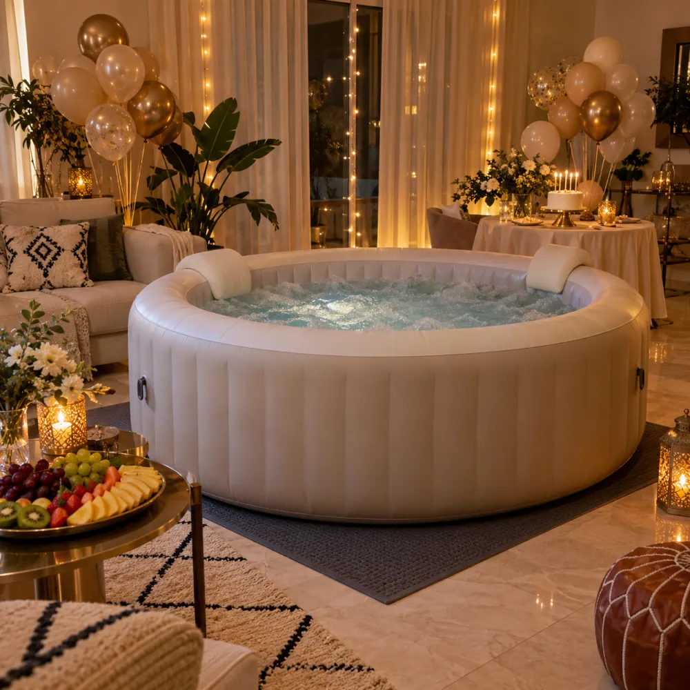 Jacuzzi gonflable décoré à domicile pour anniversaire, pack Instant Anniversaire IMJ Events