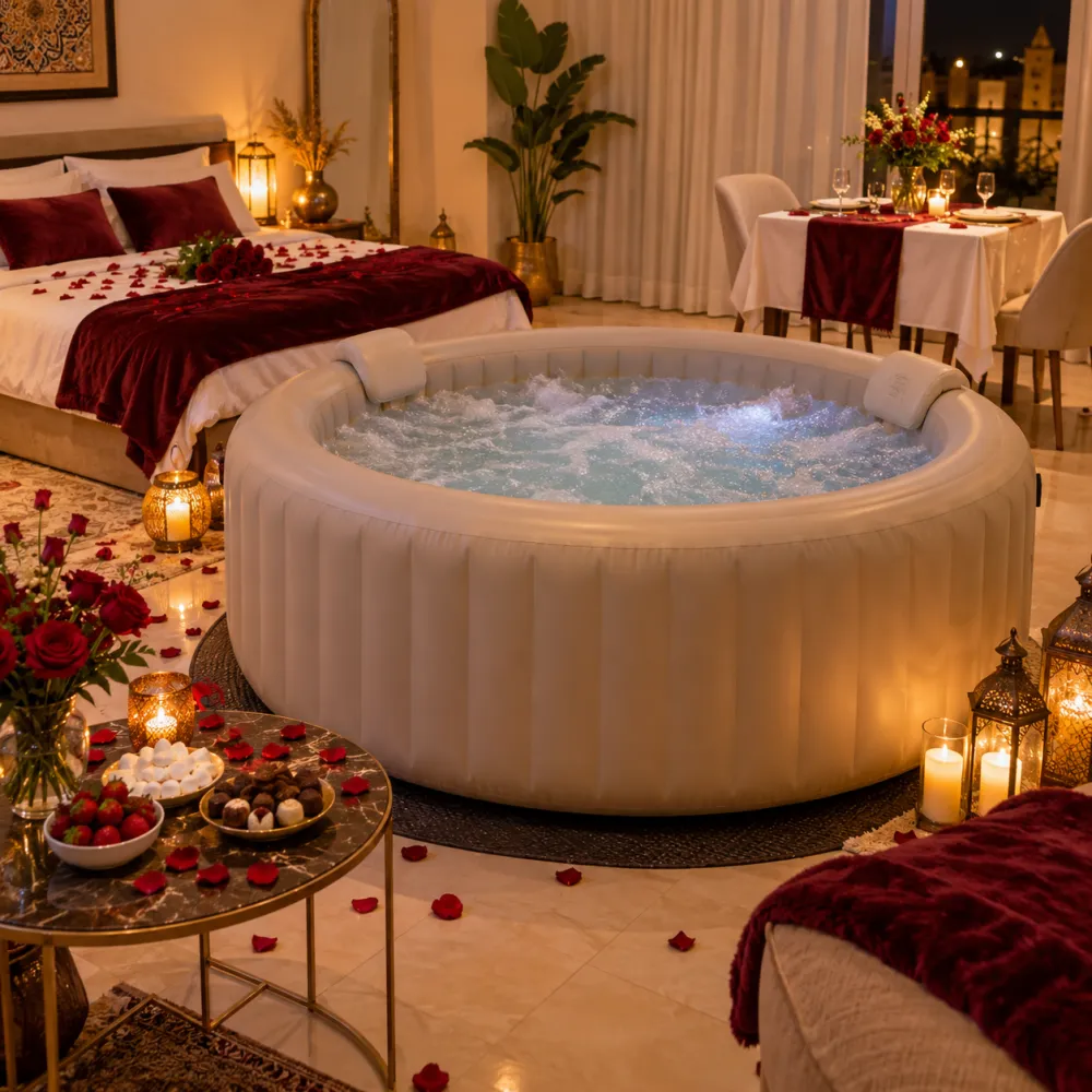 Jacuzzi gonflable décoré à domicile pour grande soirée romantique, pack Parenthèse Passion IMJ Events