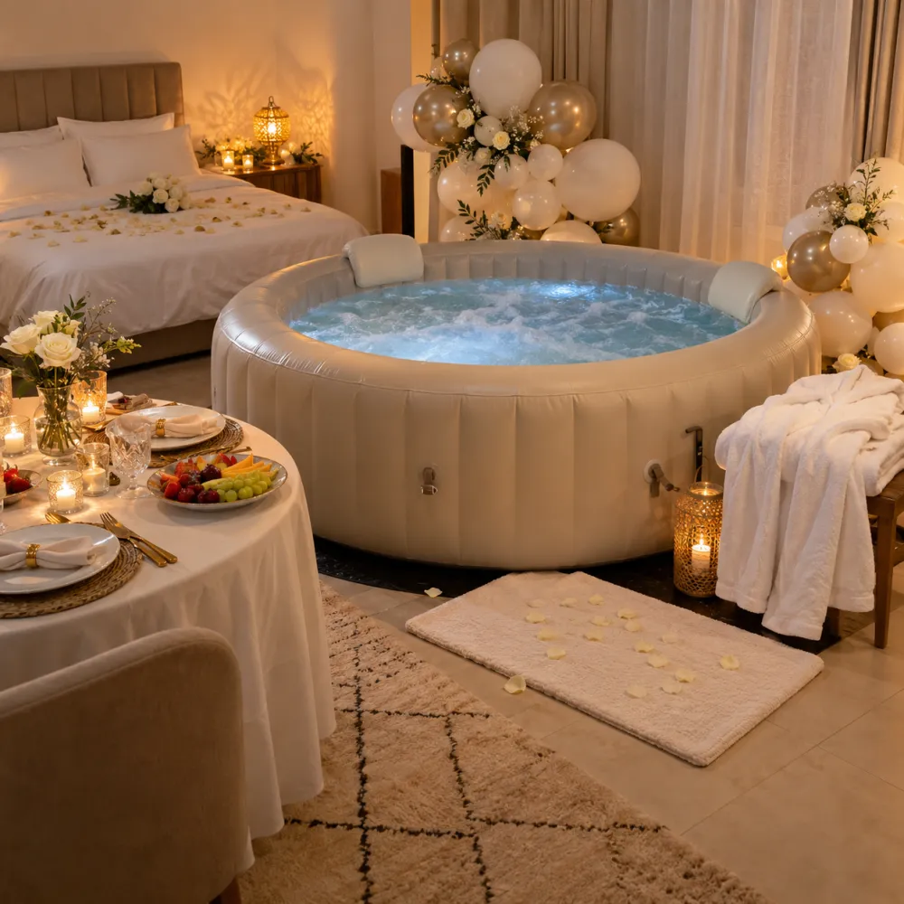 Jacuzzi gonflable décoré à domicile pour nuit de noces, pack Premier Chapitre IMJ Events